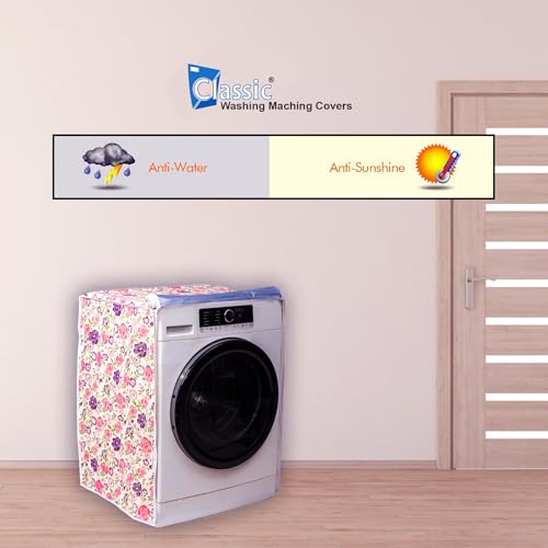 Image of Classic Front Load Washing Machine Cover Suitable for Bosch 6.5 Kg, 7 Kg, 7.5 Kg, 8 Kg, 8.5 Kg, 9 Kg (63cmsX63cmsX81cms, White & Pink Flower, Large)