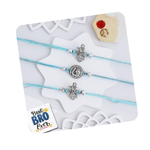Image of eCraftIndia Set of 3 Lord Shiva Trishul, Ganesha, Krishna Religious Designer Rakhis, Best Bro Ever Fridge Magnet with Roli Chawal Pack - Rakhis for Brother, Bhabhi, Kids
