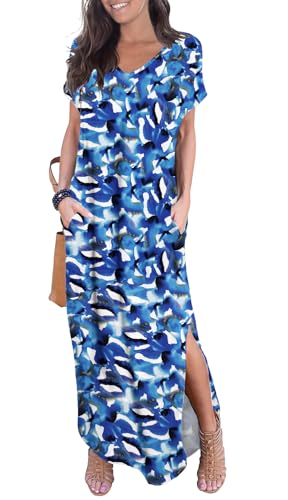 Image of GRECERELLE Women's Summer Maxi Dress Casual Loose V Neck Short Sleeve Side Split Long Dresses with Functional Pockets