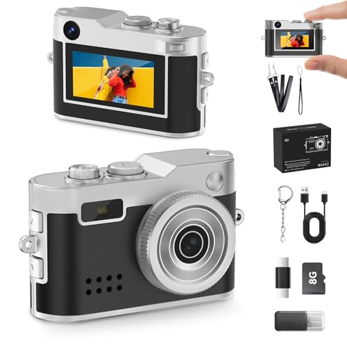 Y2K Mini Keychain Camera, Retro Aesthetic Digital Point and Shoot Camera for Teens, Pocket-Sized Vintage Digicam Bag Charm, 1080P Vlogging Camera with 8GB Card, Birthday Gift for Kids & Friends