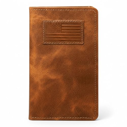 Image of Full-Grain Leather Classic Long Bifold Wallet - Sleek Handcrafted Vertical Wallet - Compact Minimalist Men's Bifold Wallets w / Multiple Card Slots, 2 Long Side Pockets, and Sleeve (American Flag)