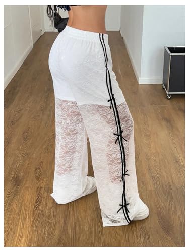 SOLY HUX Women's Lace Wide Leg Pants Y2k Bow Elastic High Waisted Baggy Pants Sheer Long Trousers4