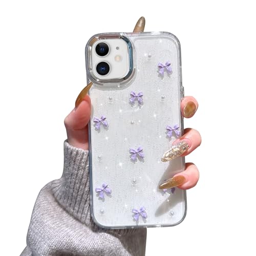 Coque iPhone 12 Pro transparente nœud violet étui mignon brillant 3D TPU