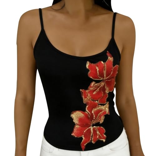 Women's Black Spaghetti Strap Top: Silver Sequin Sleeveless Tank Top Polyester & Clubwear Camisole �T�e�� (Red, L)