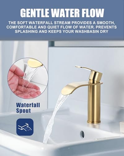 ARCORA Wasserhahn Bad, Hochdruck Waschtischarmatur wenig Lärm aus Edelstahl Einhandmischer Wasserfall Waschbeckenarmatur Armatur Waschbecken, Golden