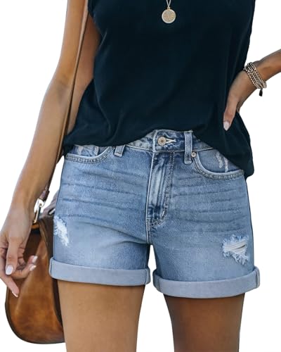 Image of onlypuff Womens Jean Short Cut Off Denim Shorts High Waist Ripped Distressed Stretchy