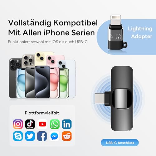 Qhot Kabelloses Lavalier Mikrofon für iPhone,iPad， Plug-and-Play-Mikrofon für Aufnahmen, Live-Streaming, Keine App erforderlich(iOS&USB-C 2MIc)