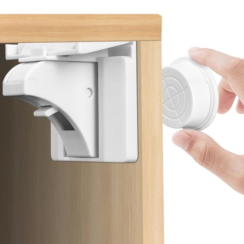 Zhufas 12 cerraduras, 3 llaves, utilizadas para armarios y cajones, con cerraduras magnéticas invisibles para cajones, sin necesidad de taladros o tornillos, blancas.