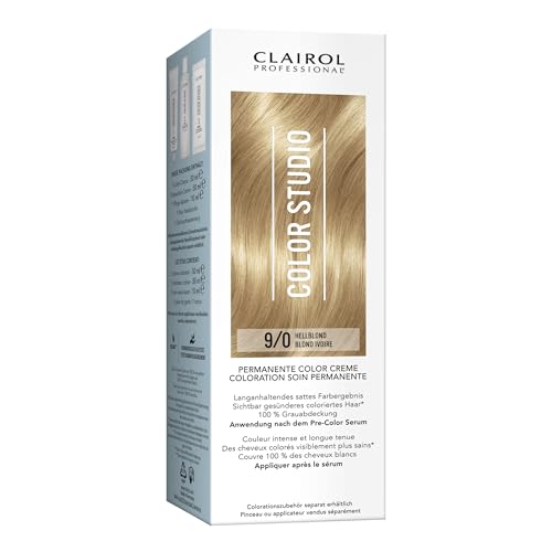 Clairol Professional Color Studio Permanente Haarfarbe Hellblond 9/0 (110 ml) – mit Metal-Purifier für 6 x weniger Haarbruch, 10 Wochen sattes Farbergebnis & 100 % Grauabdeckung – inkl. Haarkur
