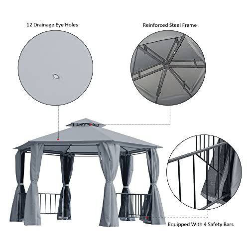 Outsunny 13' X 13' Patio Gazebo, Double Roof Hexagon Outdoor Gazebo Canopy Shelterwith Netting & Curtains, Solid Steel Frame For Garden, Lawn, Backyard And Deck, Grey #TOP4