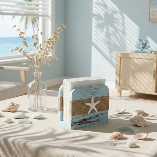 Image of Natural Wooden Napkin Holder, Beach Style, Blue
