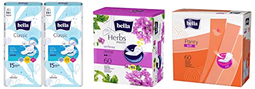 Image of Bella Maxi Soft Wings Classic Sanitary Pads - 15 Pieces (Pack of 2) & Herbs Panty Liners, (Verbena Normal)(Pack of 60) & Panty Soft Classic Liners, Pack of 60 Scent: unscented