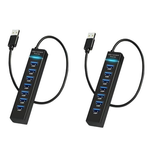 2 Pack 7 Ports USB Hub, Multiple Port USB Adapter with Indictor Light, High Speed Data Transmission...