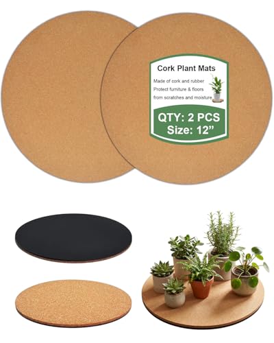 vensovo Cork Plant Coasters & Saucers 12 Inch Absorbent Round Mats for Indoor Flower Pots Planters Houseplants Surface Protector for Table & Floor 2 Pack