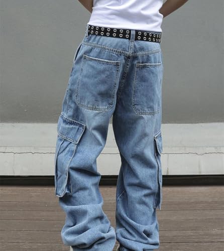 Mens Cargo Jeans Baggy Wide Leg Denim Pants Washed Multi Pocket Vintage Streetwear Style3