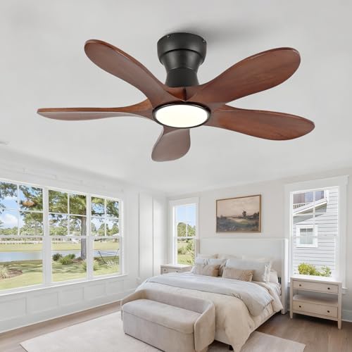 Image of 36 Inch Wood Flush Mount Ceiling Fans with Lights and Remote, Dimmable 5 Blade Wood Bedroom Ceiling Fan Outdoor Ceiling Fans for Patios Low Profile Ceiling Fan with Light for Bedroom Indoor