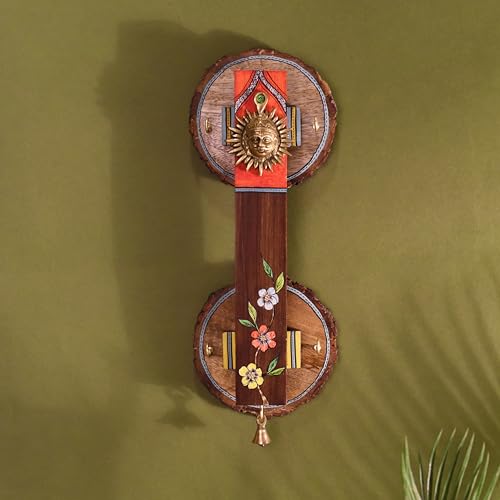 Image of AAKRITI ART CREATIONS Key Holder, Abha Key Hanger with Brass Motifs and Beautiful Artwork | Rustic Brass & Wooden Wall Organizer with 4 Hooks | New Home Gifts.