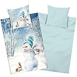 Aminata Kids Biber Bettwäsche Schneemann 135x200 Baumwolle Reißverschluss Schnee-Landschaft Winter-Bettwäsche Weihnachts-Motiv Biber-Bettwäsche für Weihnachten, weiß mit Schneemänner Christmas
