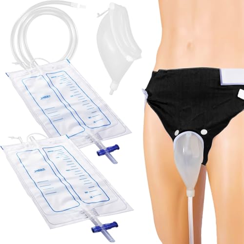 Men Wearable Urine Collector with Fixed Pants Silicone Urine Cup 1.2M Tube and Two Urine Bags 1000ml Daytime 2000ml Nighttime Reusable Leak Proof Anti Reflux Urinary Collection Elderly Men Black