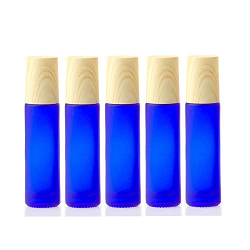 Essential Oil Roller Bottles,5 Pack 10ml Colorful Frosted Glass Roller Bottles with Stainless Steel Roller Balls,Wood Grain Lid Perfume Roll on Bottles Lip Balms Container (Blue frosted)