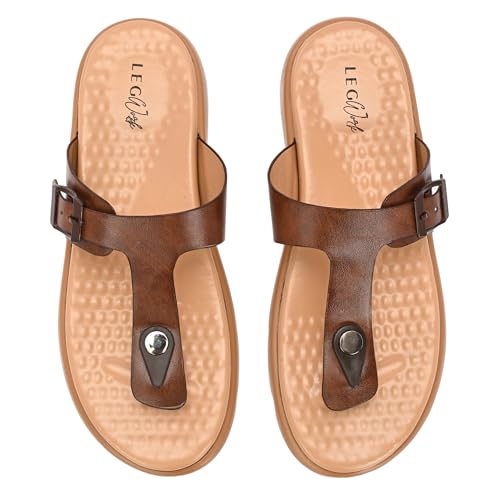 Image of Legwork Women's Orthopaedic T-Strap Thong Sandal | Acupressure Massage Footbed | EVA Cushioned Platform Sole | Doctor Arch Support | Adjustable Buckle Strap | Diabetic Friendly Flat Sandals for Women | UK 3-8 | Brown, Tan, Pink