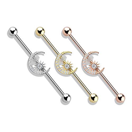 Pierced Owl - CZ Crystal Paved Crescent Moon and Star Stainless Steel Industrial Barbell3