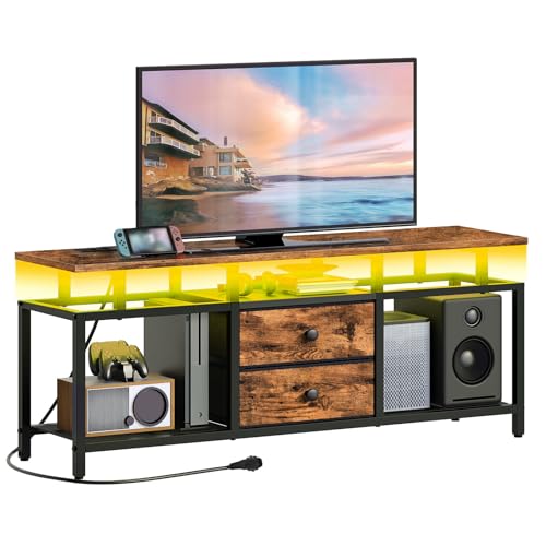 YATINEY Mueble de TV, para Televisión hasta 45’’, Consola Multimedia con Regleta y Tira de Luz LED, Soporte para TV con Cajones y Estantes, para Salón, Dormitorio, Marrón Rústico XDS03CDBR