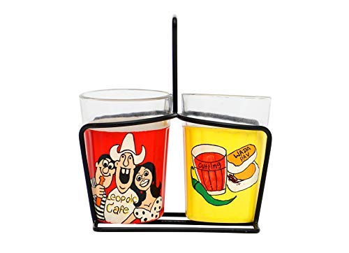 TOPSYTURVY Multicolor Mumbai Souvenir Hand Painted Traditional Tapri Tea Coffee Glasses with Iron Container Stand Holder (Set of 2, 90ml)