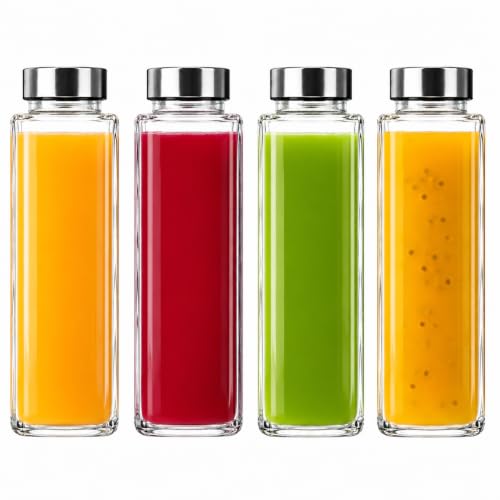 Image of 750ml Square Glass Water Bottle with Stainless Steel Lid, Leak Proof Glass Bottle for Water, Juice, Detox Drinks, Oil & Smoothies, Reusable BPA Free Refrigerator Safe Pack of 4