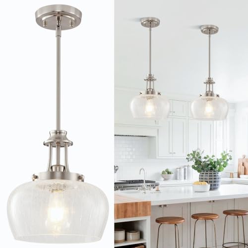 Image of Modern Pendant Lights Kitchen Island, Brushed Nickel Pendant Light Fixtures with 10 inch Clear Crack Glass Shade, Industrial Hanging Pendant Lights Fixture for Kitchen Island Dining Room Entryway