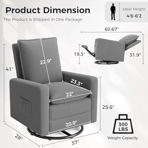Image of Amopatio Swivel Glider Recliner for Indoor Nursery Rocker Chair Upholstered Single Sofa with Side Pockets and Footrest for Living Room Bedroom(Gray)
