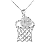 925 Sterling Silver Basketball Hoop Sports Charm Pendant Necklace, 16'