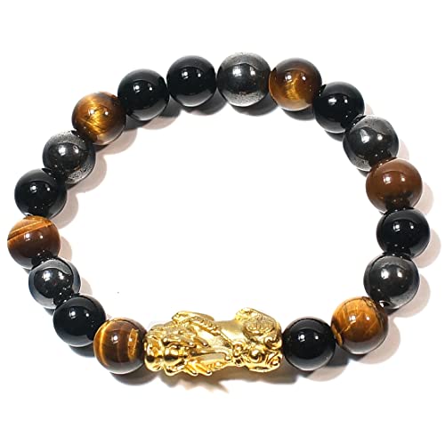 RICHRAIN Bracelet Porte-Bonheur Triple Protection Feng Shui Pour Homme Pixiu Bracelet Porte-Bonheur Pierre Naturelle Lithothérapie Oeil De Tigre Obsidienne Hématite (10mm) Cover