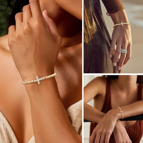Gold Cross Bracelet for Women - 14K Gold Plated Stretch Beaded Bracelet - image 3