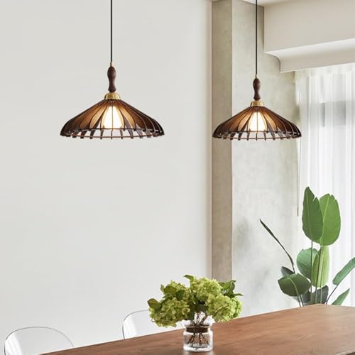 Single Heads Wooden Pendant Light with E26/E27 Brass Base Lamp 11.8in Kitchen Island Decorative Hanging [3]