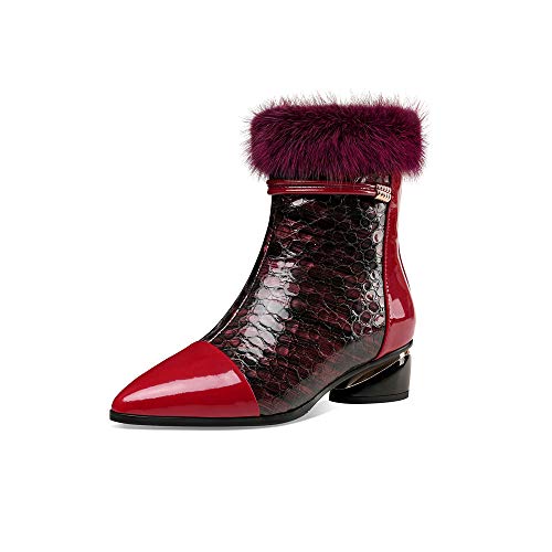 TinaCus Women's Patent Leather Handmade Pointed Toe Side Zipper Comfort Low Chunky Heel Mid Calf Boots with Fur