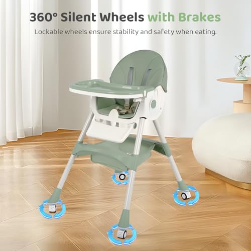Image of 6 in 1 High Chair for Babies and Toddlers Portable Folding Baby Feeding Chair with Wheels and Footrest,Adjustable Height and Backrest Multi-Functional Highchair for Home and Travel