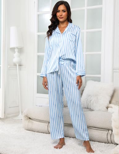 Image of UMBY Silk Satin Pajamas for Women Set 2 Piece Silk Pjs Long Sleeve Top Cozy Sleepwear Silky Pajamas