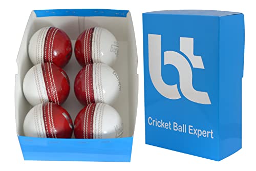 BT Red / White dual colour 142g Cricket Ball - Pack of 6 Genuine Leather Cricket Balls for International Standard Cricket and Practice | Bat-Friendly Hard Cricket Ball Made from Sustainable Sources | 156g for Kids & Ladies