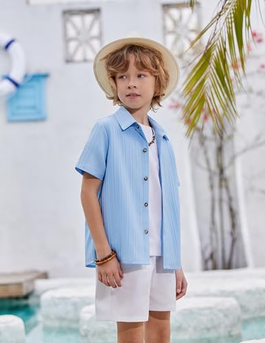 Image of Arshiner Boys Casual Short Sleeve Button Down Shirt Fashion Textured Summer Beach Shirt 3-13 Years Old