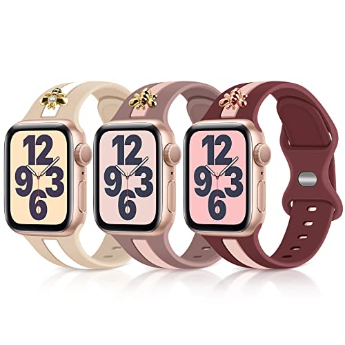 Image of 3 Pack Designer Sport Bands Compatible With Apple Watch Band 38mm 40mm 41mm 42mm 44mm 45mm 46mm 49mm Women Girls,Soft Silicone Sport Strap for iWatch Series 10 9 8 7 6 Ultra SE 5 4 3 2 1