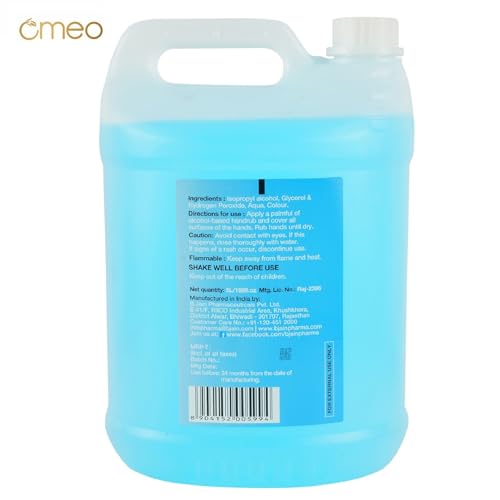 Image of Omeo Hand Sanitizer Liquid 5 litre (HR-Blue)99.99% Effective Against Germs 70% Alcohol, Skin Friendly & Safe for Kids Anti Bacterial, Germs & Rins Free Instant Protection | Multi-Purpose