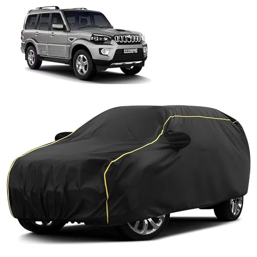 Image of Sulfar 100% Water Resistant Car Body Cover Compatible with Mirror for Mahindra Scorpio (Triple Stitched, Full Bottom Elastic, Black Taffeta with Yellow Piping)