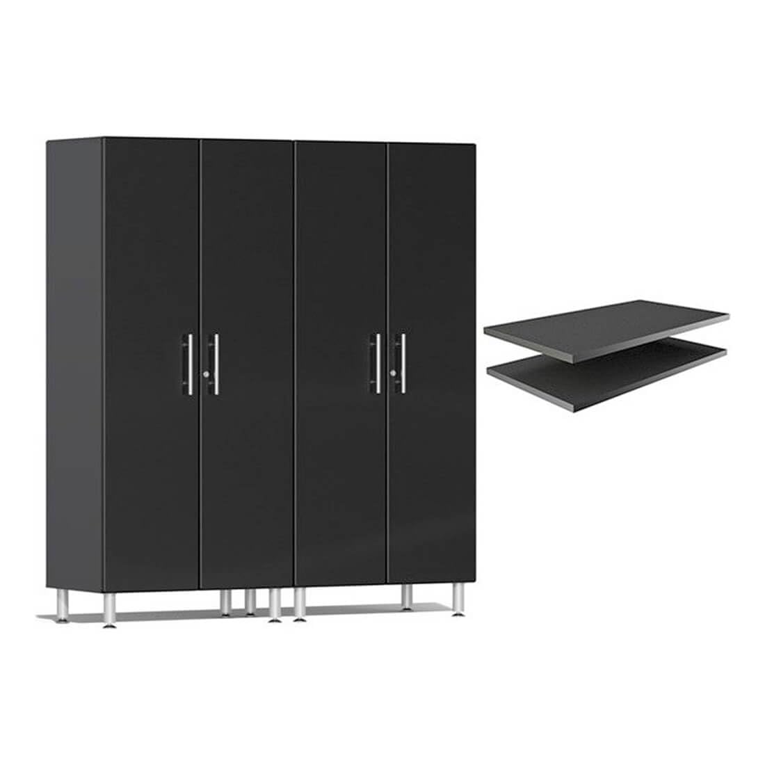 Ulti-Mate UG22624B 2-Piece Tall Garage Cabinet Kit and 2-Shelf Bundle in Midnight Black Metallic, Black, Grey