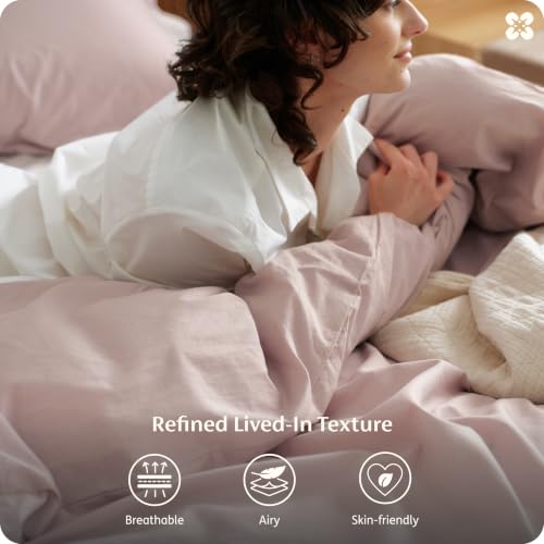 Image of Bedsure 100% Washed Cotton Duvet Cover Full Size - Petal Pink Minimalist Bedding Set Linen Like - PureWoven Plain Simple & Soft Comforter Cover for All Seasons (Petal Pink, Full, 80 inchx90 inch)