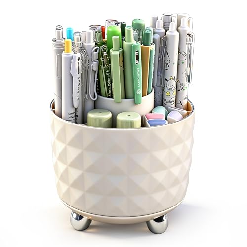Image of GOTOBA 360 Rotating Pencil Holder for Desk, Makeup Brush Holder with 6 Slots, Desk Organizer for Writing Utensil, Office and School Supplies (Milky White)