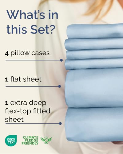 Image of Extra Deep Flex Top Split Head King Sheet Set - 6 Piece Breathable and Cooling Sheets - Hotel Luxury Bedding for Women, Men, Kids & Teens - Easy Secure Fit - Extra Deep Pockets - Sky Blue