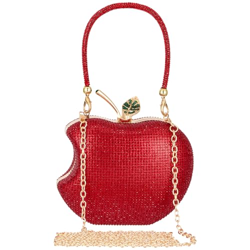 Red Rhinestone Apple-Shaped Evening Clutch Purse for Women Crossbody Bag with Detachable Chain Elegant Party Handbag for Prom Wedding Dinner Accessories (GreenLeaf)
