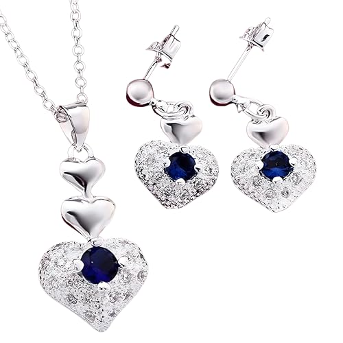 Juego de collar azul real y pendientes de tuerca con colgante de corazón de plata para mujer 680