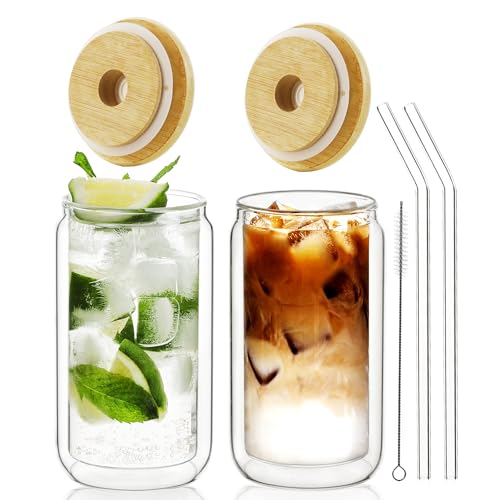 LIBWYS 12oz Double Wall Drinking Glass Cups with Bamboo...